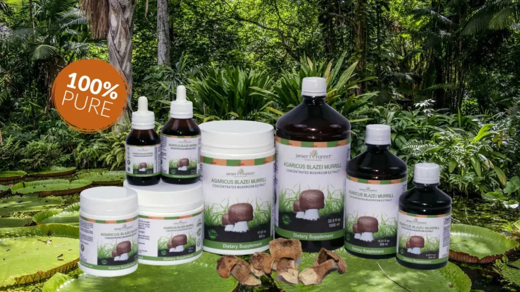 ABM mushroom extract bottle and powder from Desert Forest Nutritionals